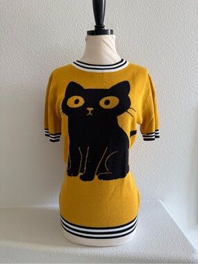 Ox Knit Retro Mustard Yellow Cat Knit Top M New with Tags